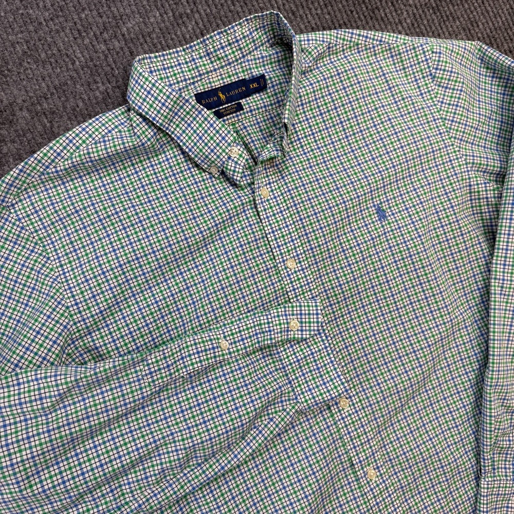 Polo Ralph Lauren Shirt Men 2XL Green Blue Plaid Cotton Stretch Button Down Pony